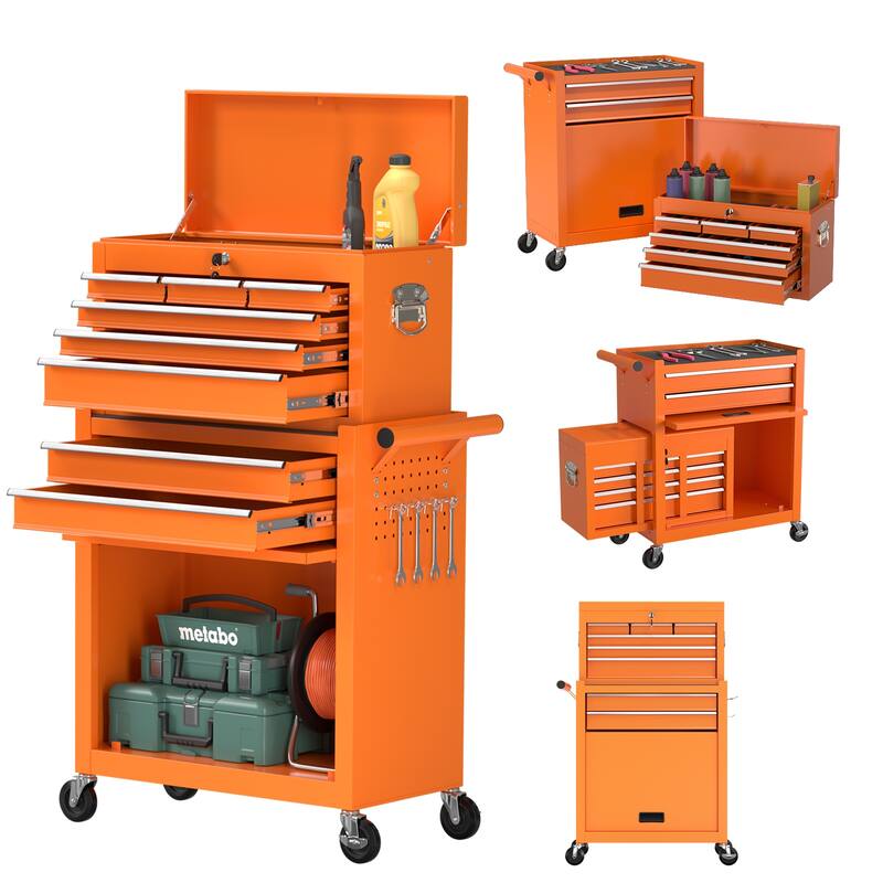 8-Drawer Rolling Tool Chest & Removable Tool Box Organizer with Lock - Orange
