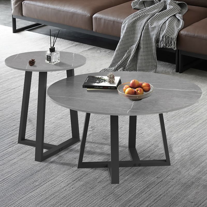 Set of 2 Round Nesting Tables Sintered Stone Marble Coffee Table - 31.5x15.7 inch