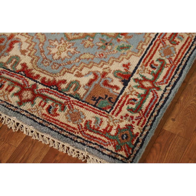 Light Blue Heriz Serapi Runner Rug Handmade Traditional Wool Carpet - 2'7" x 12'2"
