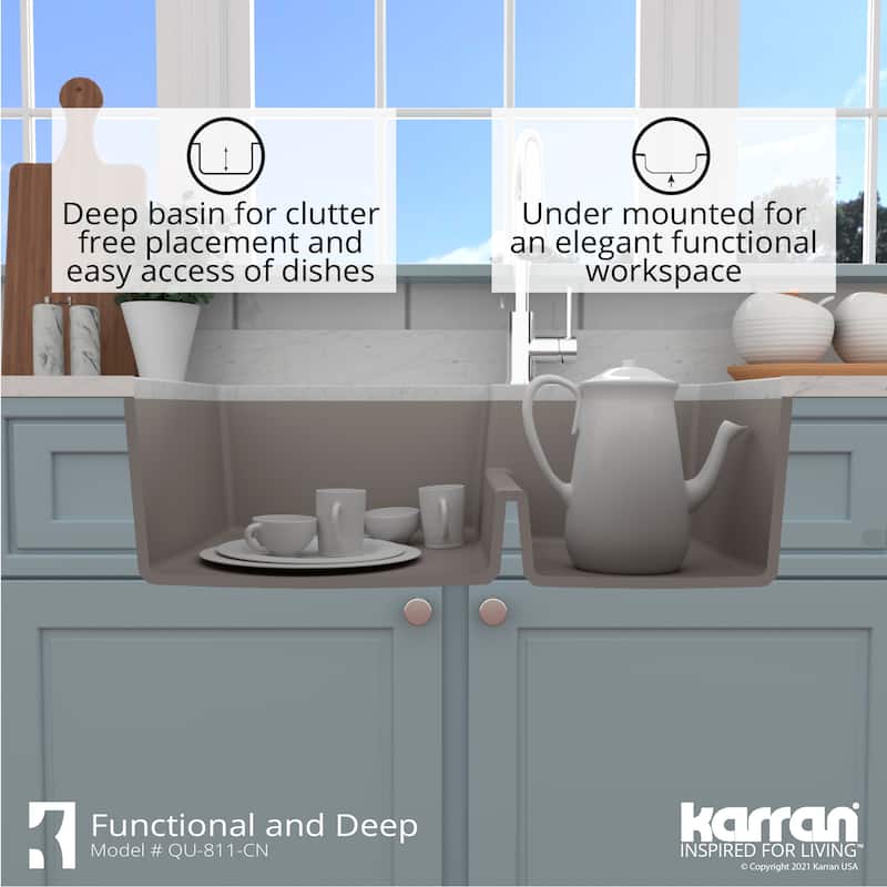 Karran 32" Undermount Large/Small Bowl Quartz Kitchen Sink Kit - 32" x 21.25" x 9"