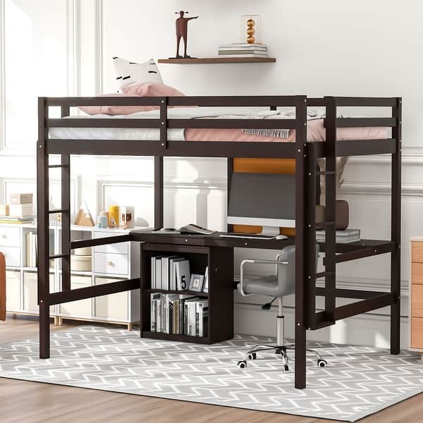 slide 2 of 42, Multifunctional Design Loft Bed with Built-in Writing Desk and Shelves, Efficient space, Full size Espresso