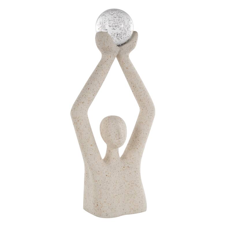 Polystone People Abstract Textured Decorative Sculpture with Clear Glass Ball and Gold Speckles - Cream - Roche River Decor