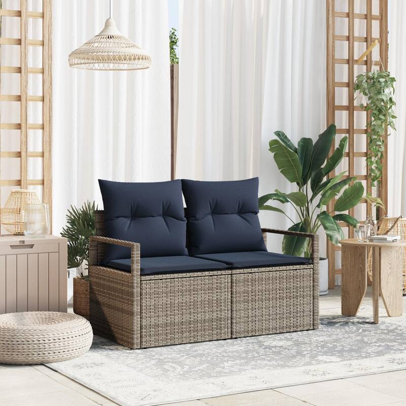 vidaXL 2-Seater Garden Sofa with Cushions Black/Brown/Grey Poly Rattan - 24.4 x 47.2 x 27.2 - Gray without storage