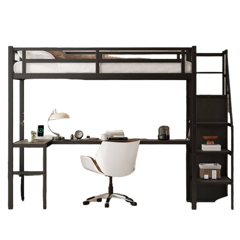 Twin XL Metal Loft Bed w/ L-shaped Desk,USB,Wardrobe,Adjustable Shelf