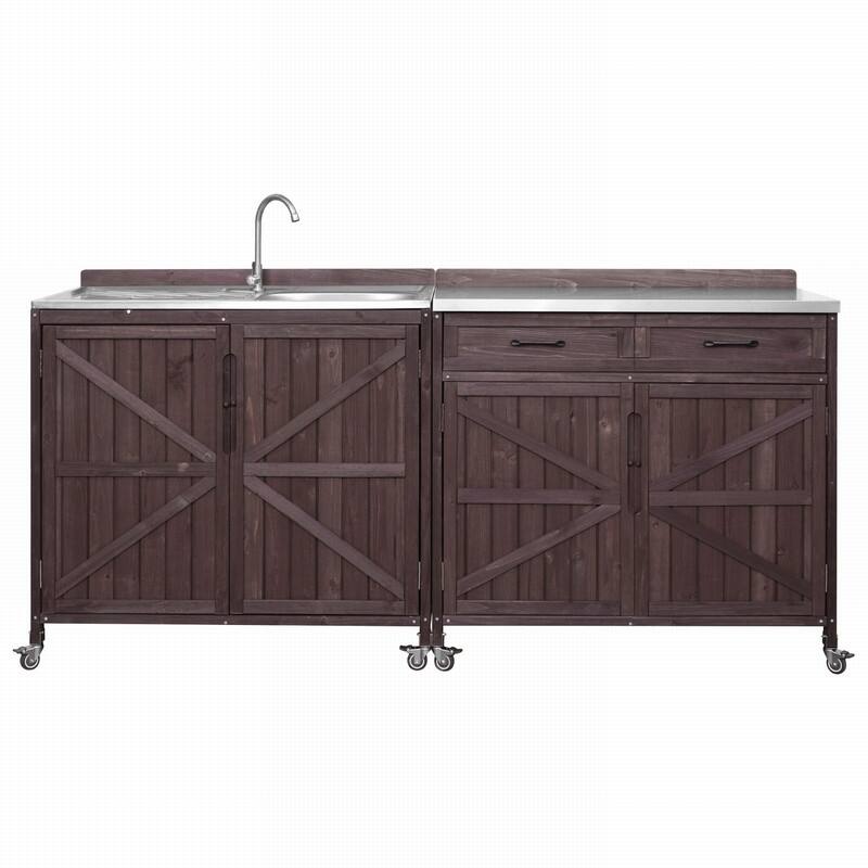 2-Piece Outdoor Kitchen Island Set with Stainless Steel Top and Sink, Drawer and Cabinets for Outdoor Storage w/ Wheels