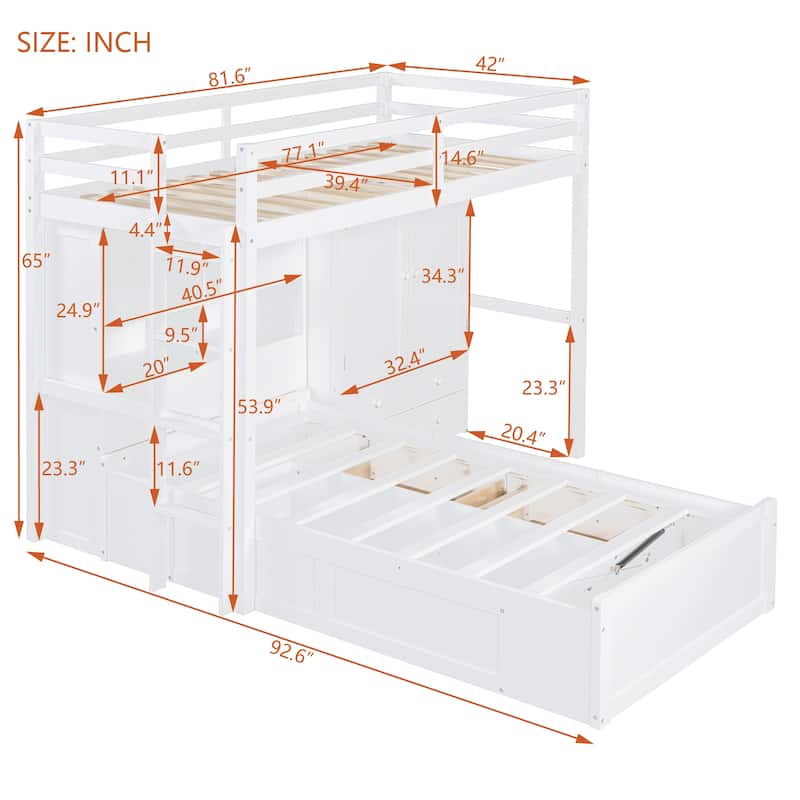 Twin Bunk Bed w/ Drawers, Wardrobe, Storage Shelves and Hydraulic Bed