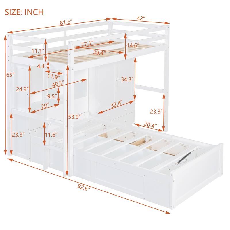 Twin Bunk Bed with Wardrobe, 6 Drawers Hydraulic Storage and MDF+LVL, 600lb Capacity, Space-Saving Design