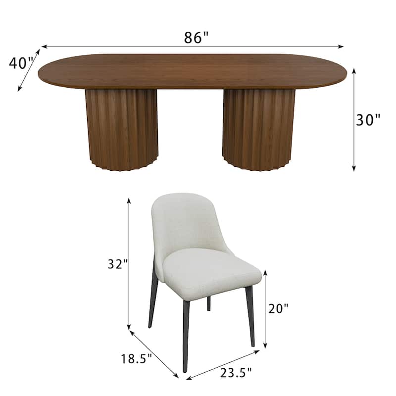 86" Modern Oval Dining Table Set with 8 Upholstered Chairs Black Textured Wood Top & Dual Cylindrical Pedestal Base