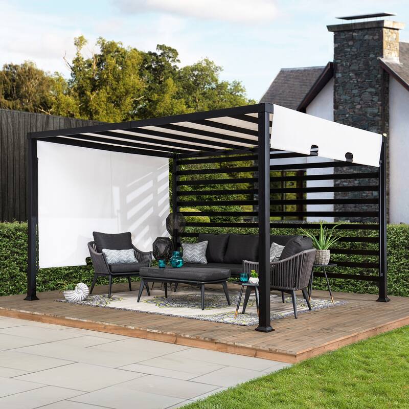 Sunjoy 10 ft. x 12 ft. Modern Metal Pergola with White Adjustable Garden Shade