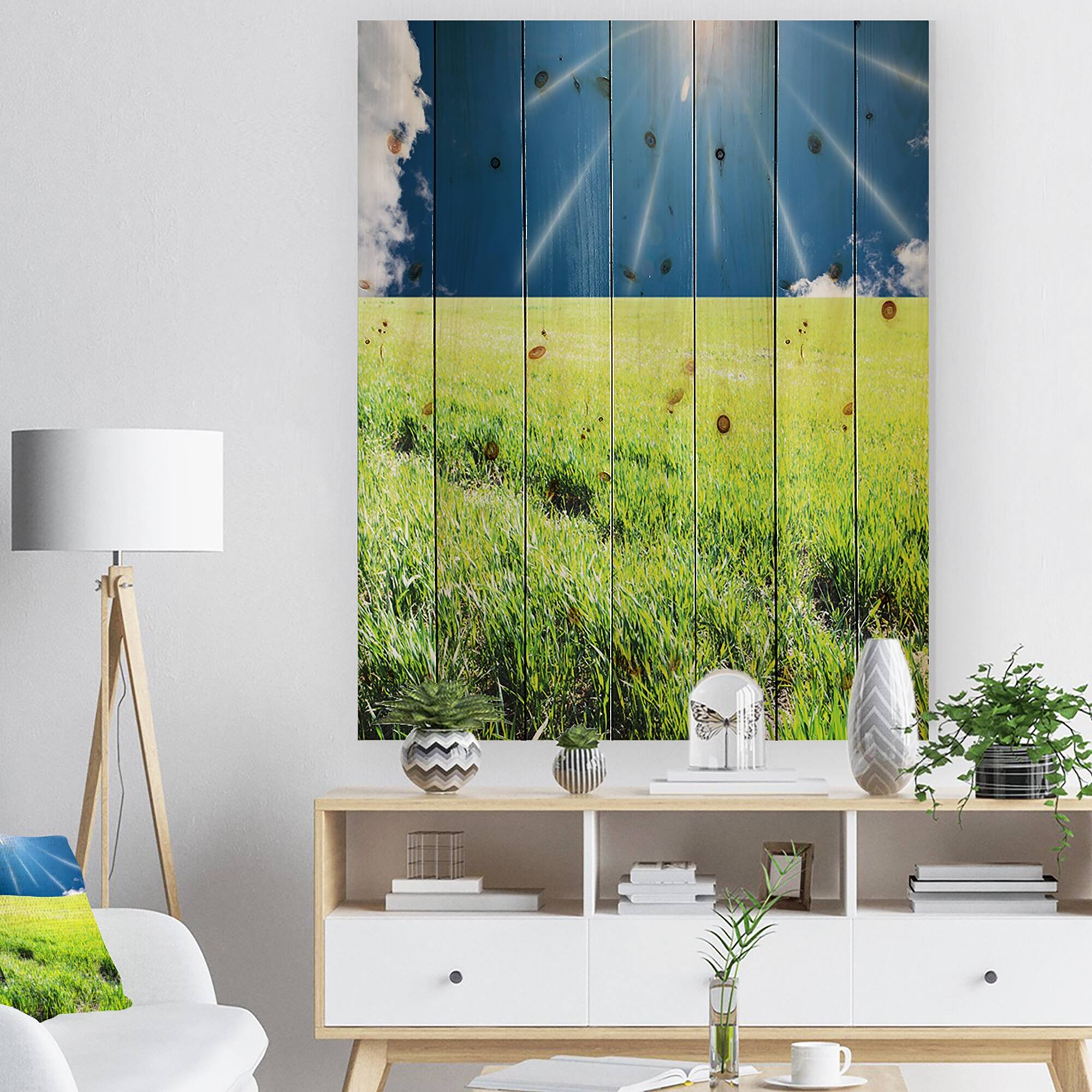 Designart 'Sunny Field With Green Grassland' Country Wood Wall Art