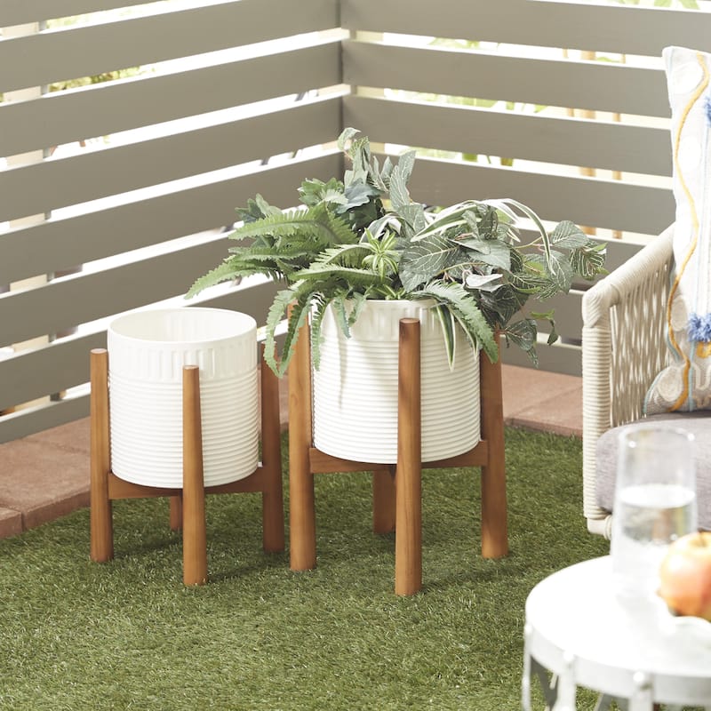 Metal Indoor Outdoor Planter with Removable Wood Stand - Set of 2 Black or White - Roche River Decor