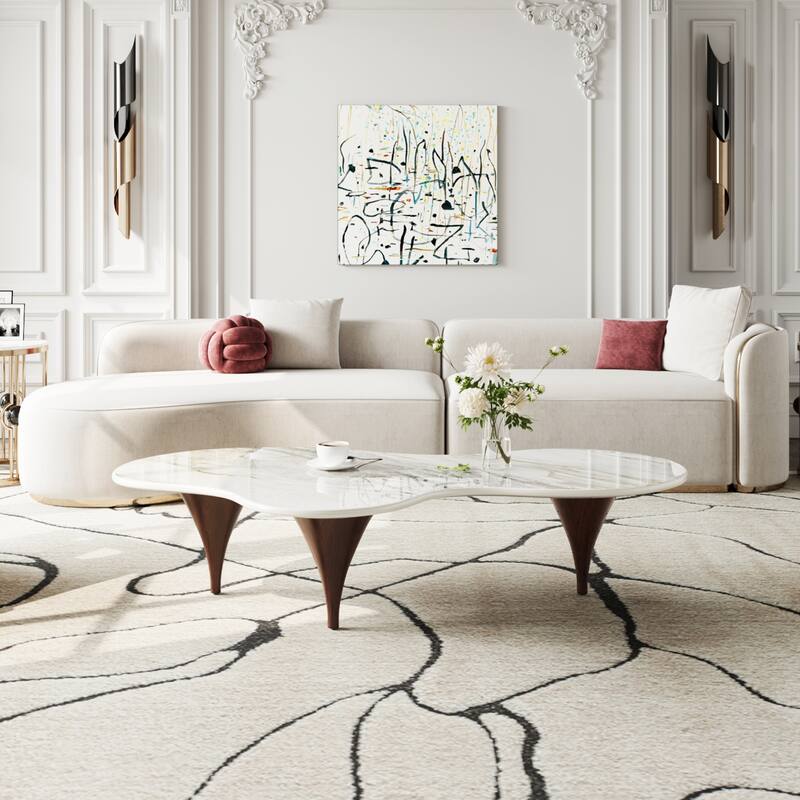 54.8" Modern Coffee Table, Glossy Faux Marble top, Metal Legs with wood texture