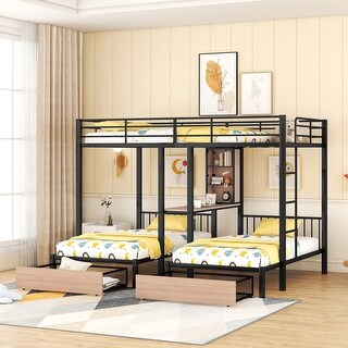 Black Full Over Twin & Twin Metal Bunk Bed with Drawers, Desks, Shelves ...