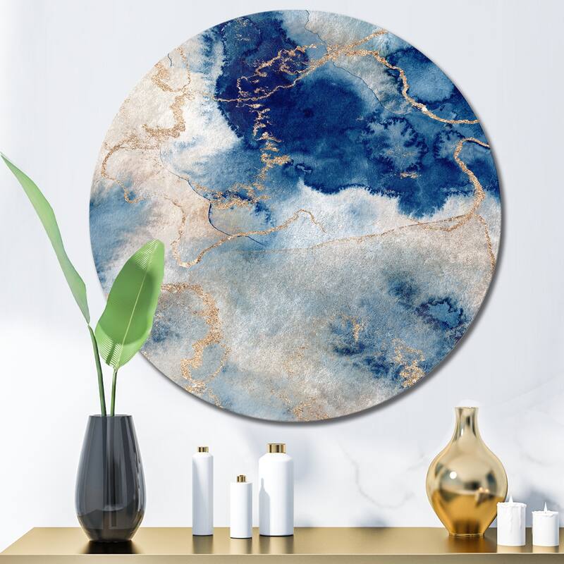 Designart 'Blue And Gold Marble Clouds III' Modern Metal Circle Wall Art - 23x23 - Disc of 23 Inch