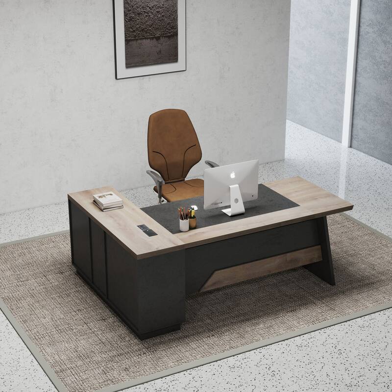 WESOME Black/Wood L-Shaped Executive Desk with Cabinet Built-In Outlet(LP002) - Right Return - 78inchBlack/Wood