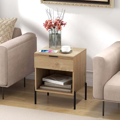 Modern Nightstand w/ Charging Station Drawer Compartment End Table