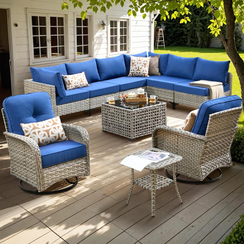 XIZZI 10-piece Patio Furniture Wicker Sectional Set with Swivel Chair - Navy Blue