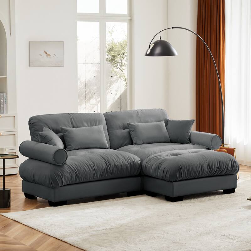 GDFStudio - Meridian Velvet 2-seater Cloud Sofa with Ottoman and Round Bolster Armrests