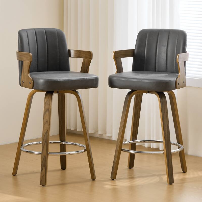 Upholstered Wood Swivel Counter Height Barstool with Arms - 37.8"H x 18.7"W x 19.29"D