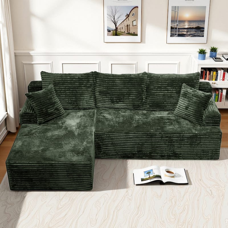 L-Shaped Corner Sectional Sofa Set with Side Chaise Lounge, Soft Foam Cushion Modular Sofa Corduroy Leisure Couch - Green - Left Facing