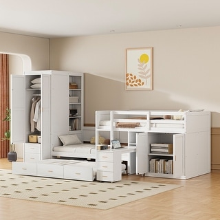 Twin Wooden Bunk Bed with Trundle, Desk, Cabinet, Wardrobe & Drawers, Space-Saving Design for Kids with Ample Storage, White