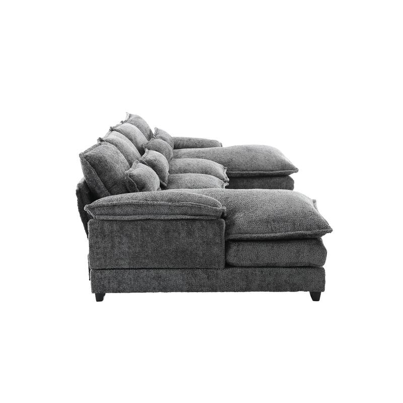 Gray Chenille U-Shape Reversible Sectional Sofa with Ottomans & Pillows