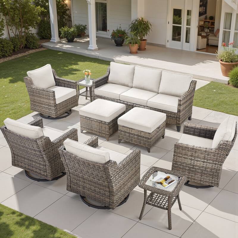 Pocassy Wicker Patio Sofa Glider Swivel Chair Ottoman Furniture Set. - Beige Cushion Gray Wicker - 9-Piece Sofa Ottoman w/ Swivel Chair Table Set