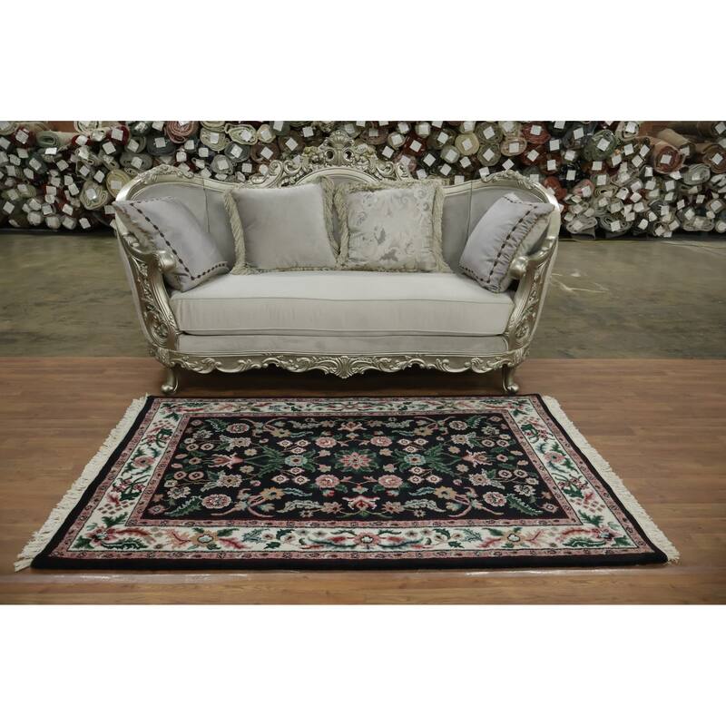 Hand Knotted Oriental 100% Wool Carpet Traditional All-Over Black Agra Area Rug - 6' 1'' X 4' 0''