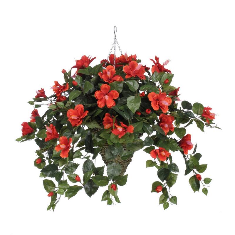 Faux Red Hibiscus Hanging Basket