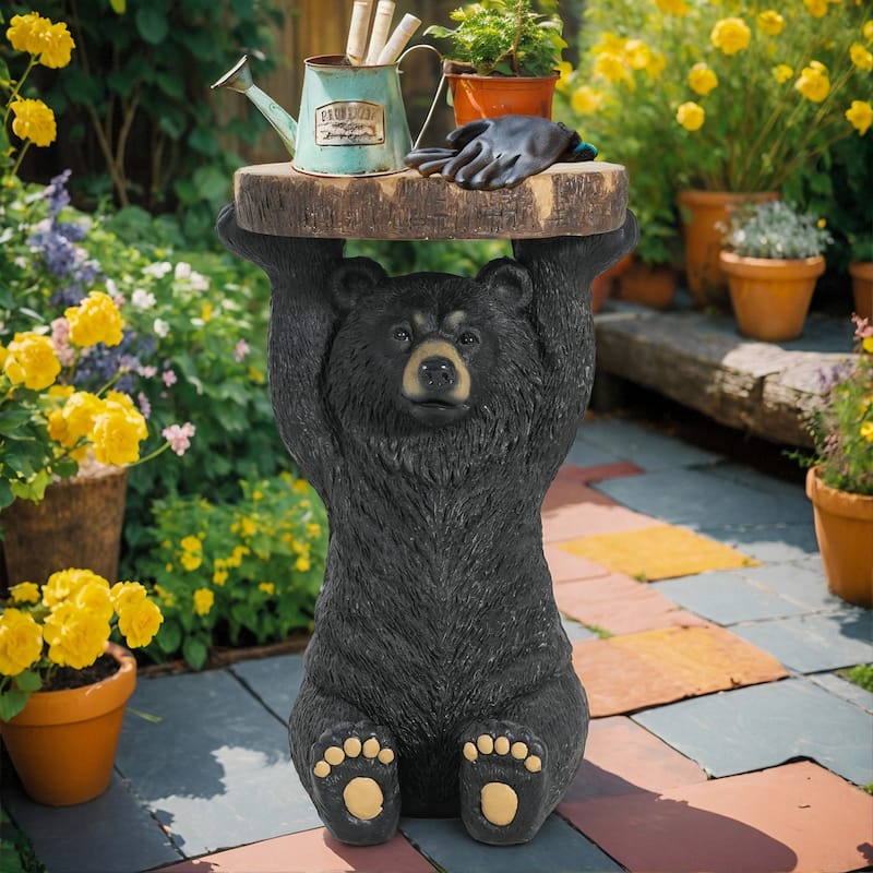 Black Bear Side Table Pedestal End Table Stool MGO Bear Statue Hand Painted Sculpture - Black