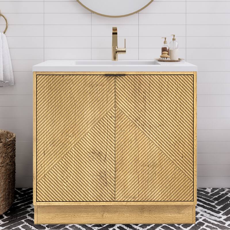Milano 36" Freestanding Bathroom Vanity with White Acrylic Sink - 35.42" x 19.49" x 35.46'' - Oak