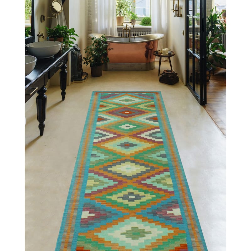 Hand-Woven Sangat Kilim Hamadi Orange/Blue Runner - 2'8" x 9'5"