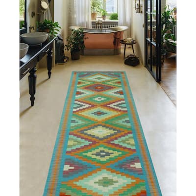 Hand-Woven Sangat Kilim Hamadi Orange/Blue Runner - 2'8" x 9'5"