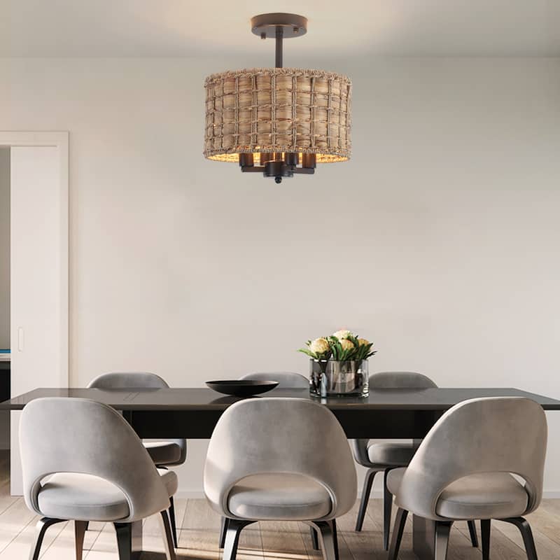 4-Light Classic Candlestick Hanging Semi Flush Mount Ceiling Lighting Chandelier with Rattan Shade for Dining Room