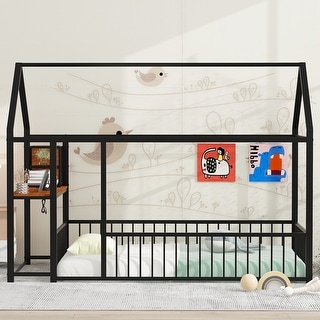Metal House Bed Frame, Kids Montessori Bed Floor Bed with Side Desk, Power Outlets and USB Ports