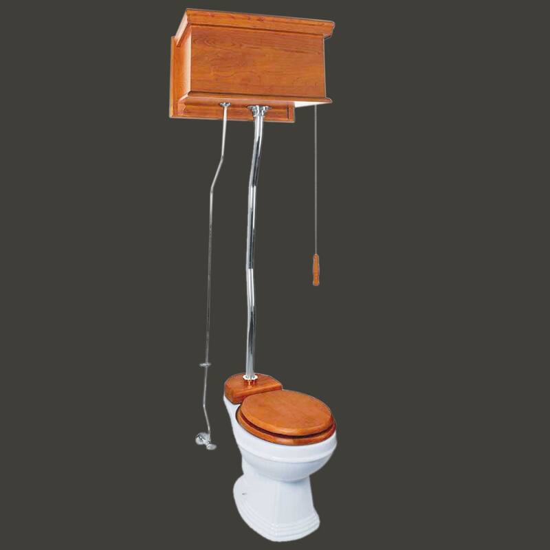 High Tank Toilet - Light Mahogany Flat Tank, Chrome Plated Z Pipe and Round White Bowl Renovators Supply