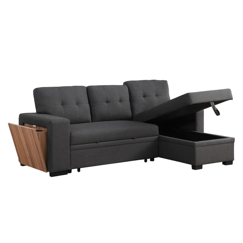 Linen L-Shaped Convertible Sectional Sofa Bed with Storage and Wooden Accent
