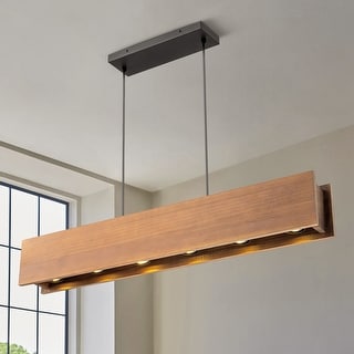 6-Light Farmhouse Black Linear Wood Pendant Light Kitchen Island Lighting - 39.37 in. W x 4.65 in. D x 5.91 in. H