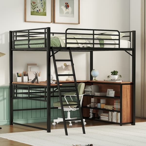 slide 2 of 9, Black Metal Loft Bed with L-shaped Desk and 3 Layers of Shelves, Reversible Ladder Full - Black