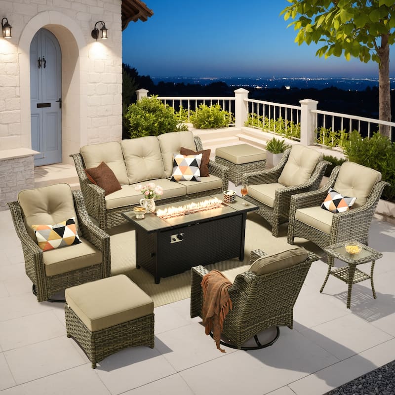 OVIOS 9 Pieces Outdoor Swivel Chairs Set with 54" Fire Table​