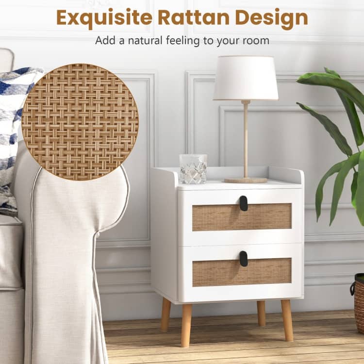 Modern End Table with Wide Top and 2 Rattan Storage Drawers - 17.5" x 15.5" x 22.5"