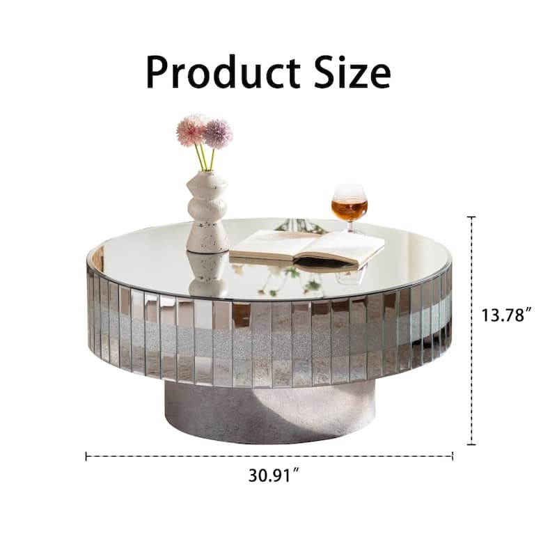 30.91" Luxury Silver Round Glass Mirrored Table Top Coffee Table