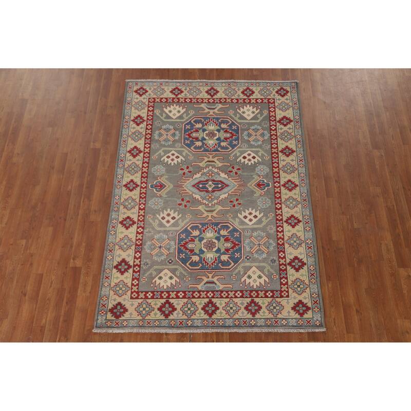 Gray Geometric Kazak Area Rug Handmade Oriental Wool Carpet - 4'11" x 7'0"