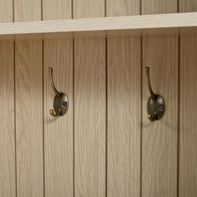 Wooden Style Hall Tree with Arched Design, Entryway Bench with Retro Hooks, Rustic Coat Rack & Shoe Organizer with Drawers