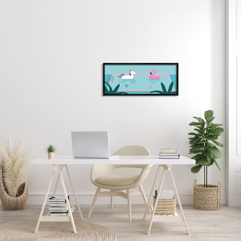 Stupell Unicorn Flamingo Tropical Pool Water Floats Framed Wall Art - Blue