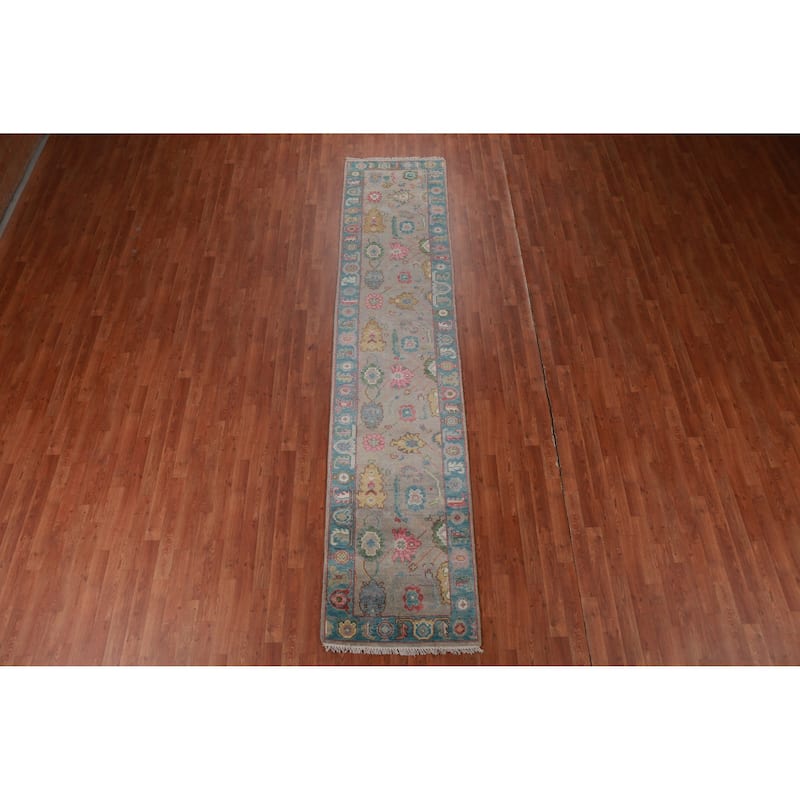 Gay Floral Oushak Oriental Runner Rug Hand-Knotted Wool Carpet - 2'6" x 11'6"