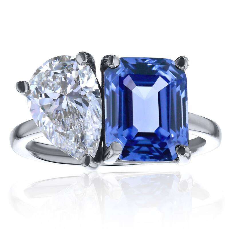 Kobelli Blue Sapphire & White Diamond Certified 14k Solid Gold 2 Stone Toi et Moi Dutchess Ring (EF/VS) - White - 10