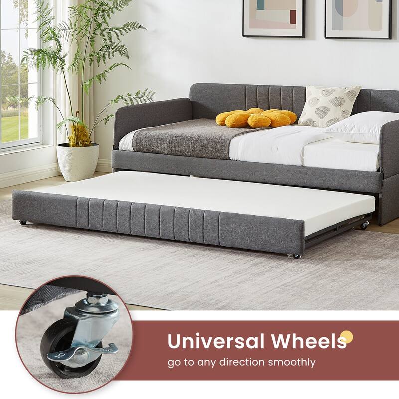 Grey Metal Daybed with Trundle, Twin Size, Space-Saving Design