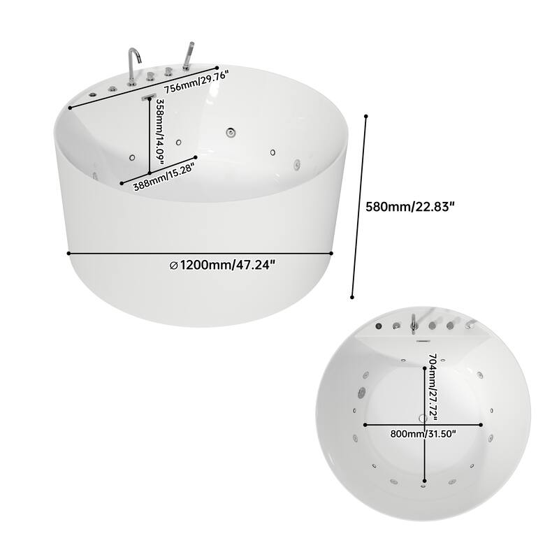 47 in. Freestanding Acrylic Whirlpool Bathtub with 6 Jets, Chromatherapy LED Lighting, 4-Hole Faucet Kit, Center Drain