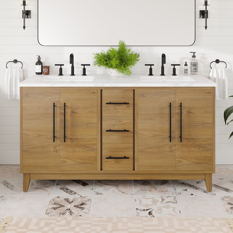 Graham 60"W Double Sink Bath Vanity with White Arabescato Engineered Stone Top - Oak